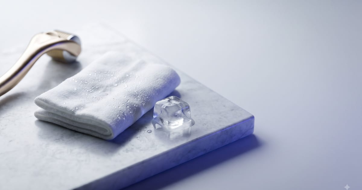 A folded chilled cotton compress and a melting ice cube on pale marble beside a gold titanium derma roller