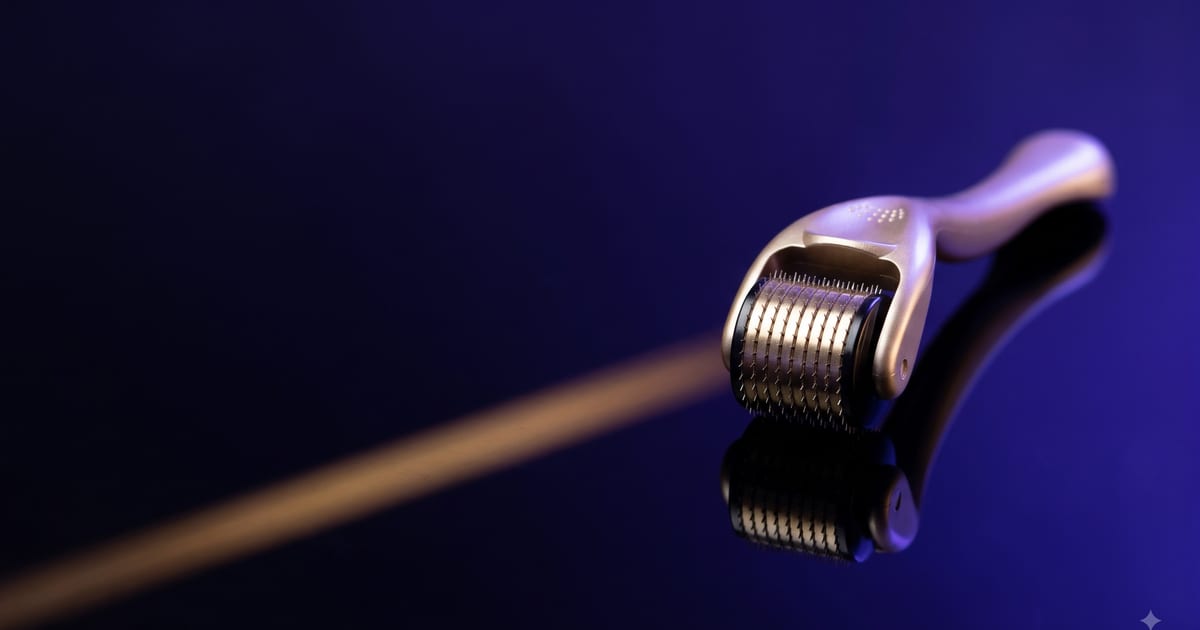 A champagne-gold titanium derma roller on a black mirror surface, its reflection falling away beneath a streak of gold light