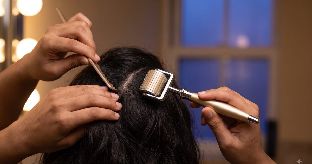 Hands parting dark hair into a centre parting at a lit vanity while a gold titanium derma roller is drawn along the exposed scalp line