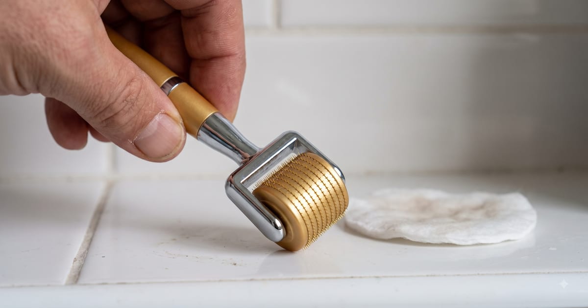 A hand lifting a gold-drum titanium derma roller from a tiled bathroom shelf beside an alcohol-damp cotton pad