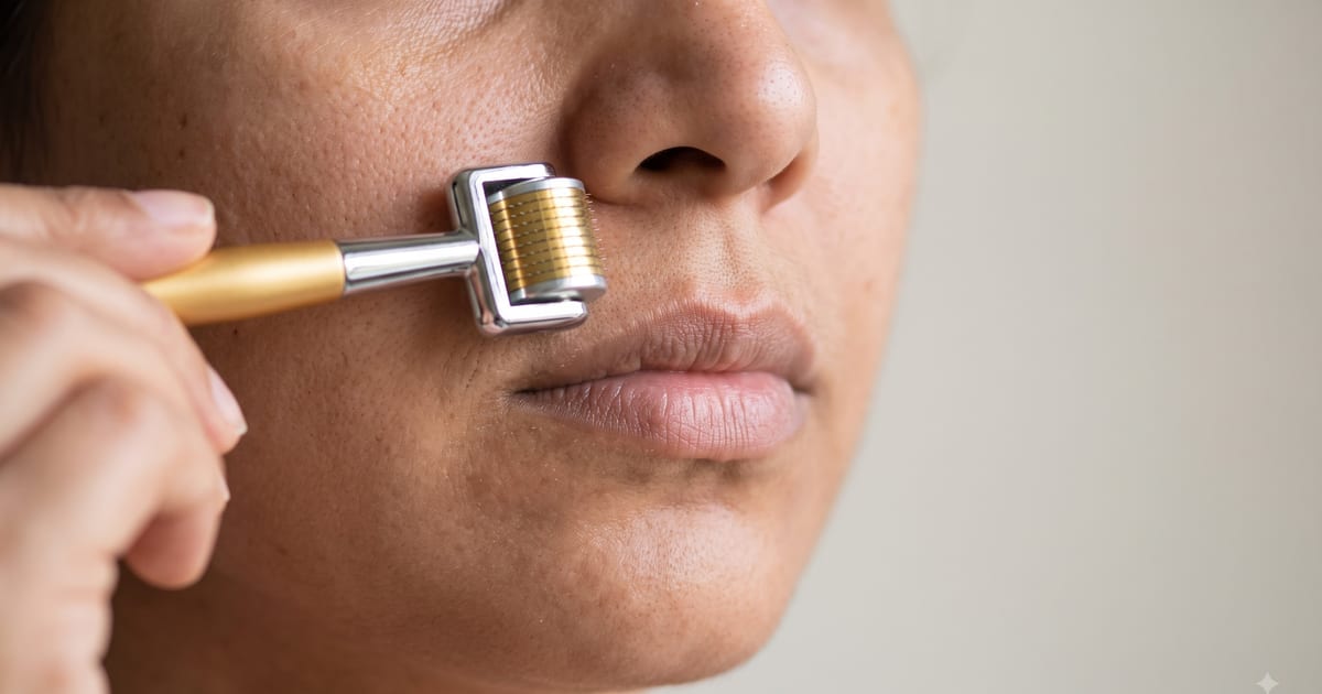 A small gold-drum derma roller drawn in a short horizontal stroke across the skin between the nose and upper lip