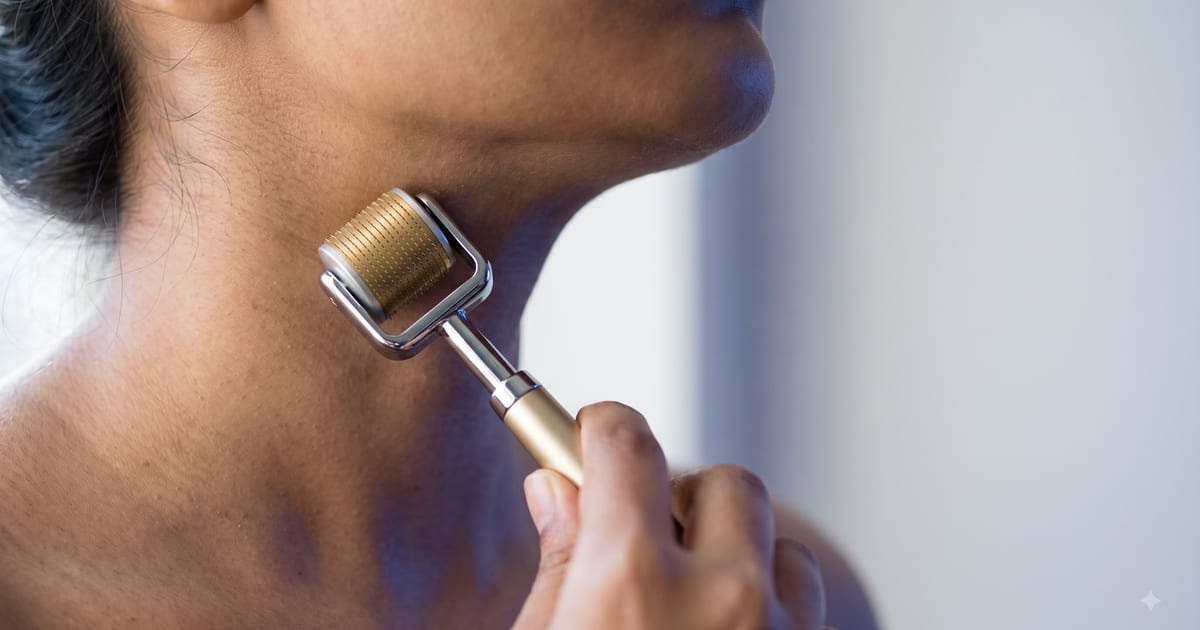 A gold titanium derma roller being drawn upward along the side of the neck in a slow vertical stroke, in soft window light