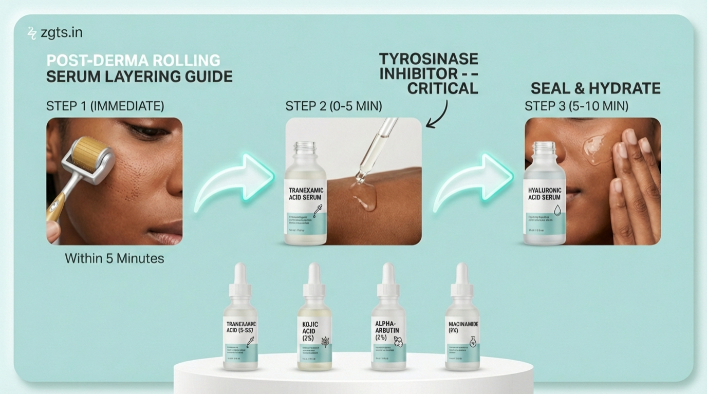 Proper derma roller technique for pigmentation treatment showing light pressure and rolling directions