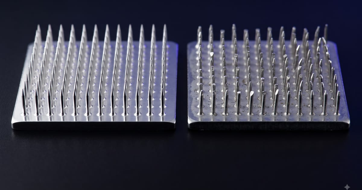 Two derma roller needle arrays side by side under raking light: the left pristine and evenly aligned, the right dulled and bent from use