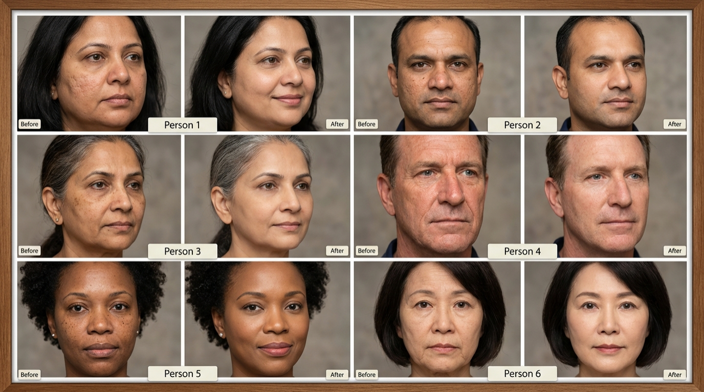 Before and after microneedling results across diverse skin types — Indian, South Asian, Black, Caucasian, and East Asian skin showing visible improvement in skin texture