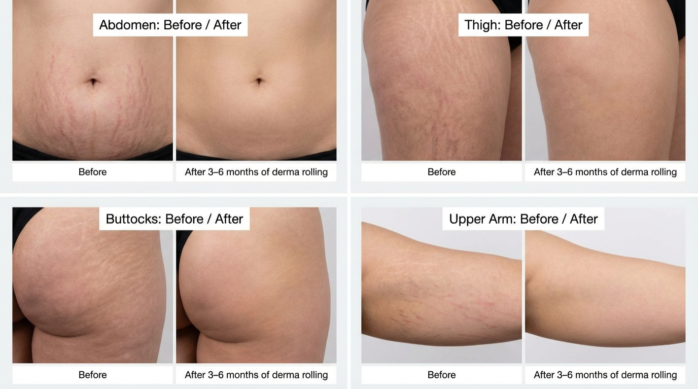 Before and after derma rolling results on four body areas: abdomen, thigh, buttocks, and upper arm — showing visible stretch mark reduction after 3 to 6 months