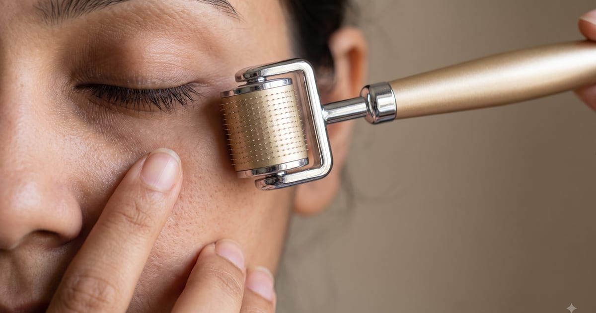 A gold-tone derma roller drawn carefully across the upper cheekbone below a closed eye, fingertips steadying the skin